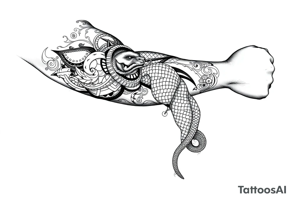 Sicilian Forearm tribal sleeve with patterns and symbols with snake scales tattoo idea