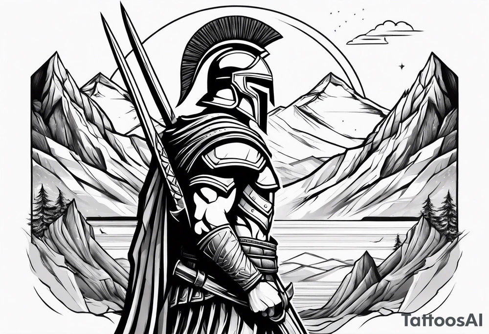 Spartan Warrior Wielding A Sword Surrounded By Mountains Tattoo Idea tattoo idea