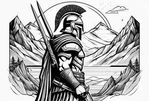 Spartan Warrior Wielding A Sword Surrounded By Mountains Tattoo Idea tattoo idea