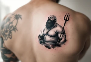 young, happy, fat, balding, poseidon in calm water, holding a trident, drinking a beer, with sunset, with ski boat, with no teeth tattoo idea