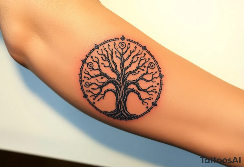 The Tree of Life surrounded by norse symbology, color infused tattoo idea