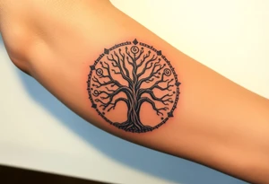 The Tree of Life surrounded by norse symbology, color infused tattoo idea