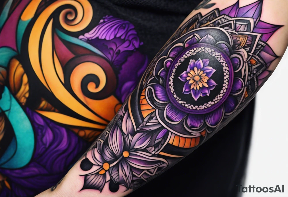 lines around wrist, abstract, black and purple, covered from wrist to forearm, fully covered, no borders, blackwork, no people tattoo idea