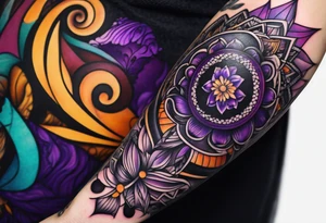 lines around wrist, abstract, black and purple, covered from wrist to forearm, fully covered, no borders, blackwork, no people tattoo idea