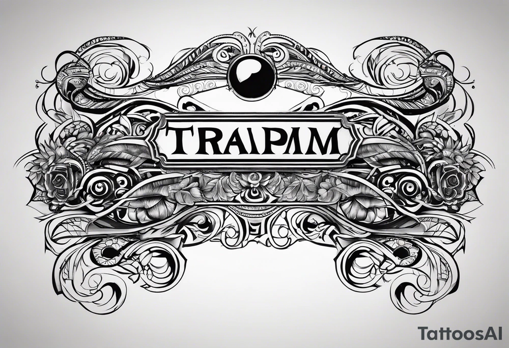 tramp stamp with the words “tramp stamp” with neotribal line art on either side tattoo idea