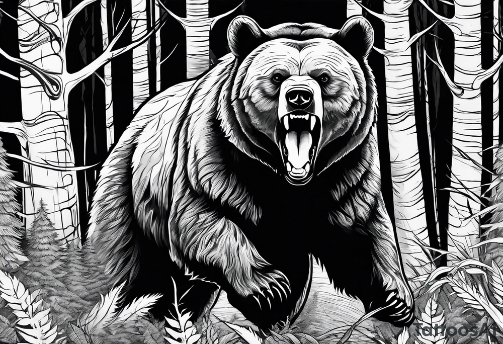 Realistic Bear growling. They are in a cloudy forest. With fierce warriors in the background tattoo idea
