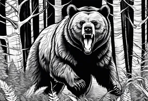 Realistic Bear growling. They are in a cloudy forest. With fierce warriors in the background tattoo idea