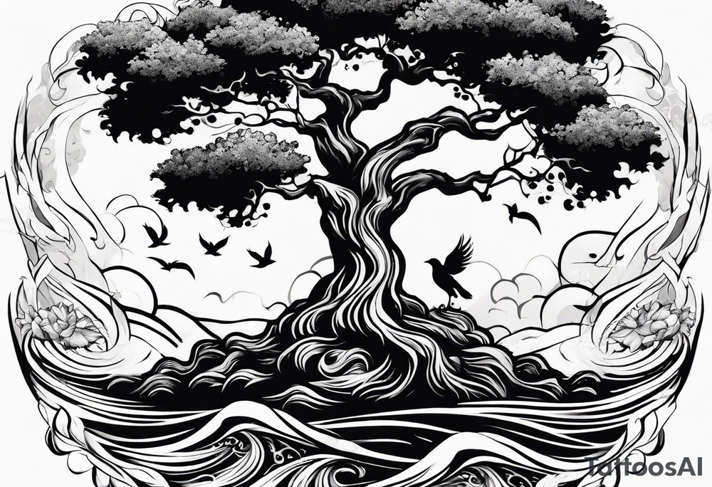 oak tree with phoenix  and roots growing around calming waves for forearm tattoo idea