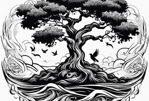 oak tree with phoenix  and roots growing around calming waves for forearm tattoo idea