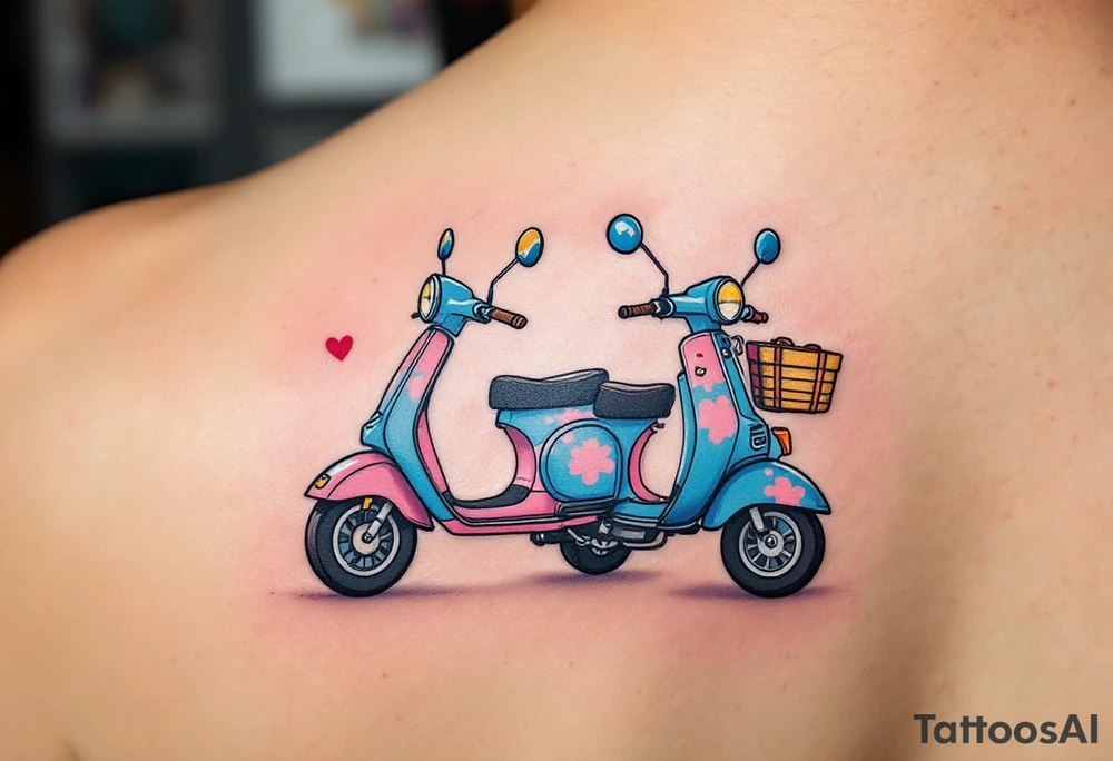 2 scooters, blue and pink, riding together in love tattoo idea