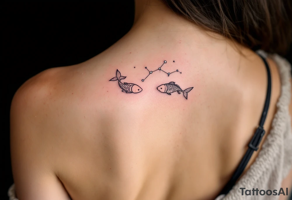The Pisces zodiac sign floats beneath a delicate constellation drawn in pearlescent ink over a night-sky backdrop. tattoo idea