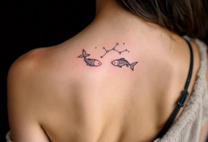 The Pisces zodiac sign floats beneath a delicate constellation drawn in pearlescent ink over a night-sky backdrop. tattoo idea