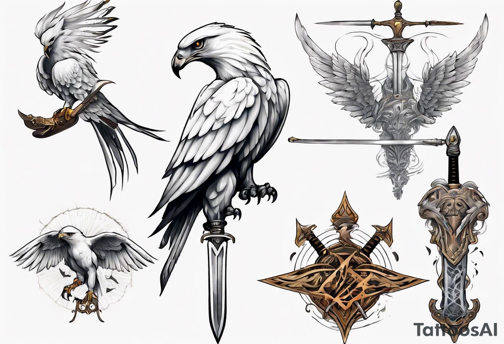 A white hawk holding a sword tattoo idea