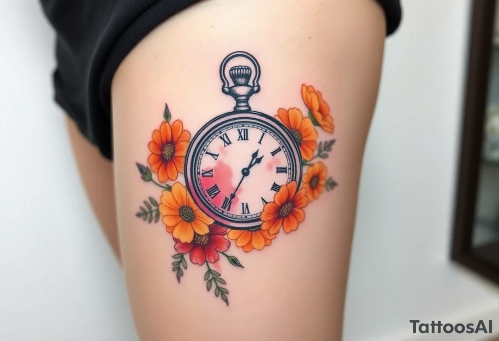 Beautiful pocket watch surrounded by red, orange and yellow marigolds tattoo idea