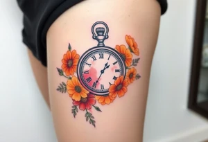 Beautiful pocket watch surrounded by red, orange and yellow marigolds tattoo idea