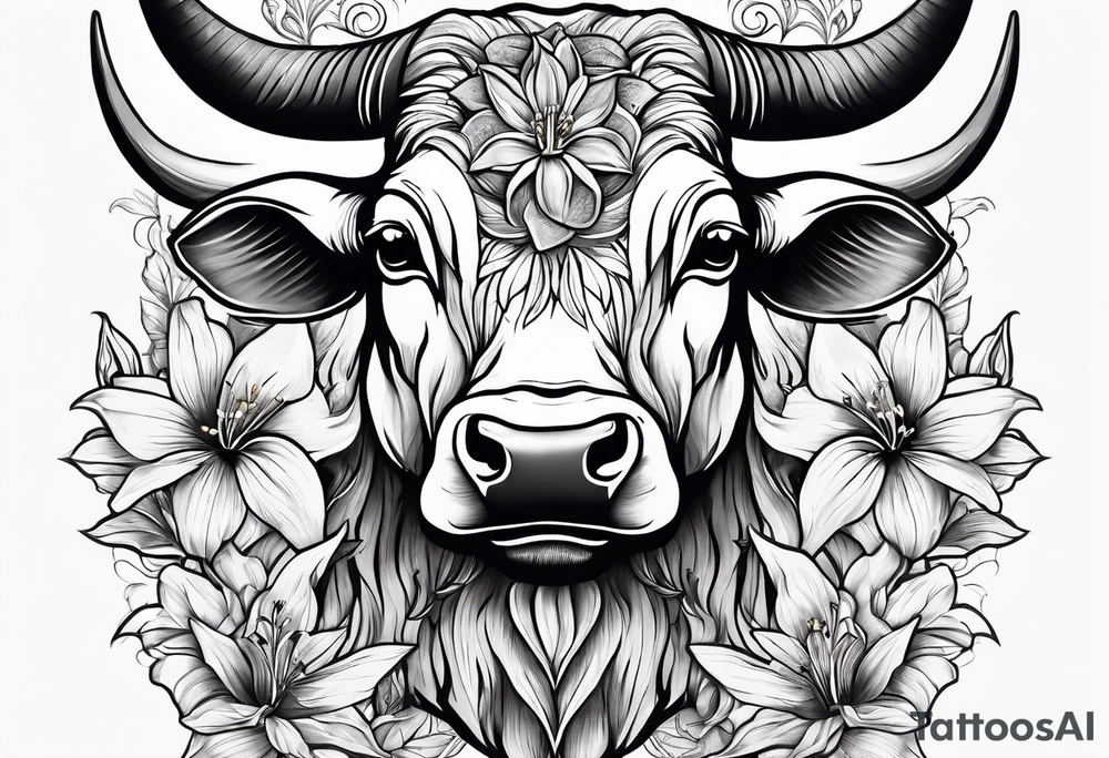 A Bulls head with lily if the valley flowers growing out of eyes tattoo idea