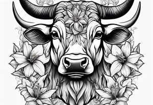 A Bulls  head with lily if the valley flowers growing out of eyes tattoo idea