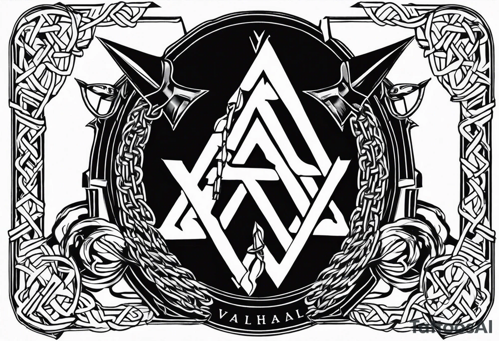 Valhalla sword shield axe barbed wire chains valknut tattoo idea