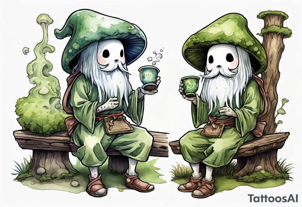 a kodama wearing a mushroom hat and a mossy beard and a medieval tunic drinking from a wood cup, sitting on a bench smiling tattoo idea