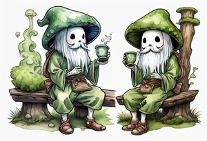 a kodama wearing a mushroom hat and a mossy beard and a medieval tunic drinking from a wood cup, sitting on a bench smiling tattoo idea