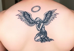 Dante Mikha'el fallen angel on her knees looking sky while her shining wings obsessed with dark and she holding his broken halo tattoo idea