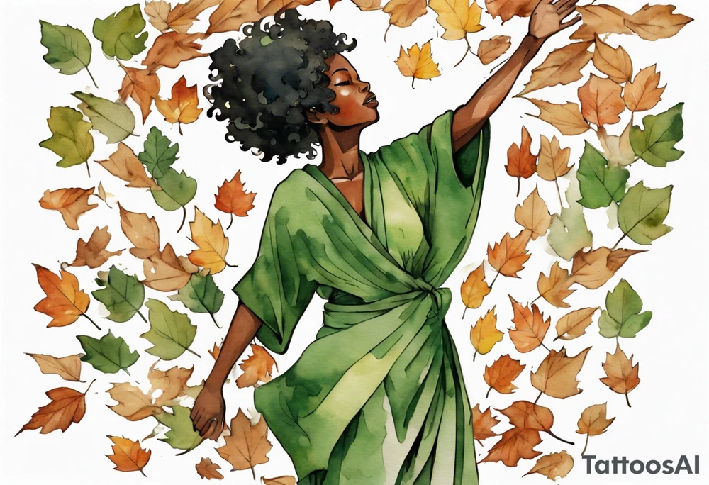 a black woman standing in a pile of fallen leaves, wearing a green tunic, a tree from the waist-down, her arms raised towards the sun, tattoo idea