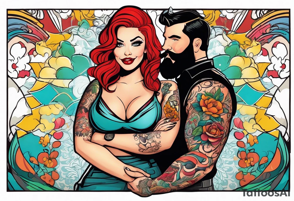 Busty Red haired woman with black haired bearded man tattoo idea