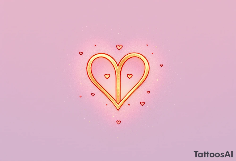 A symbol of rune of love in the shape of a heart, carved with clean, sharp edges. The design glows with a warm golden light, and the background features a lavender glow. Tiny hearts float around the symbol, representing infinite devotion. tattoo idea
