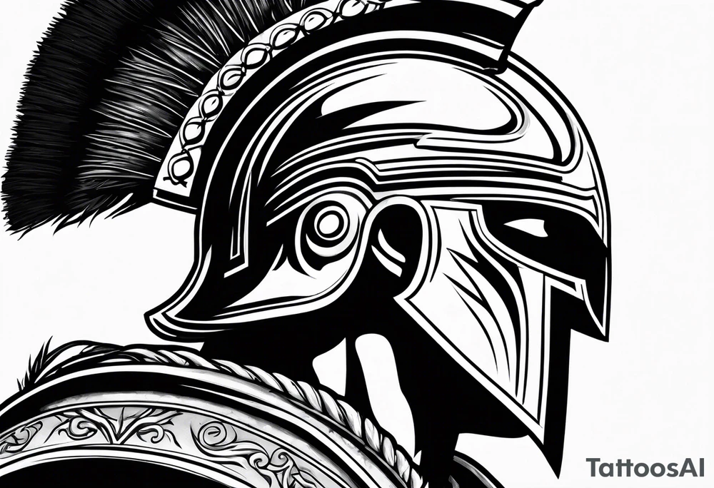 greek spartan warriors black face under the helmet, holding a spear tattoo idea