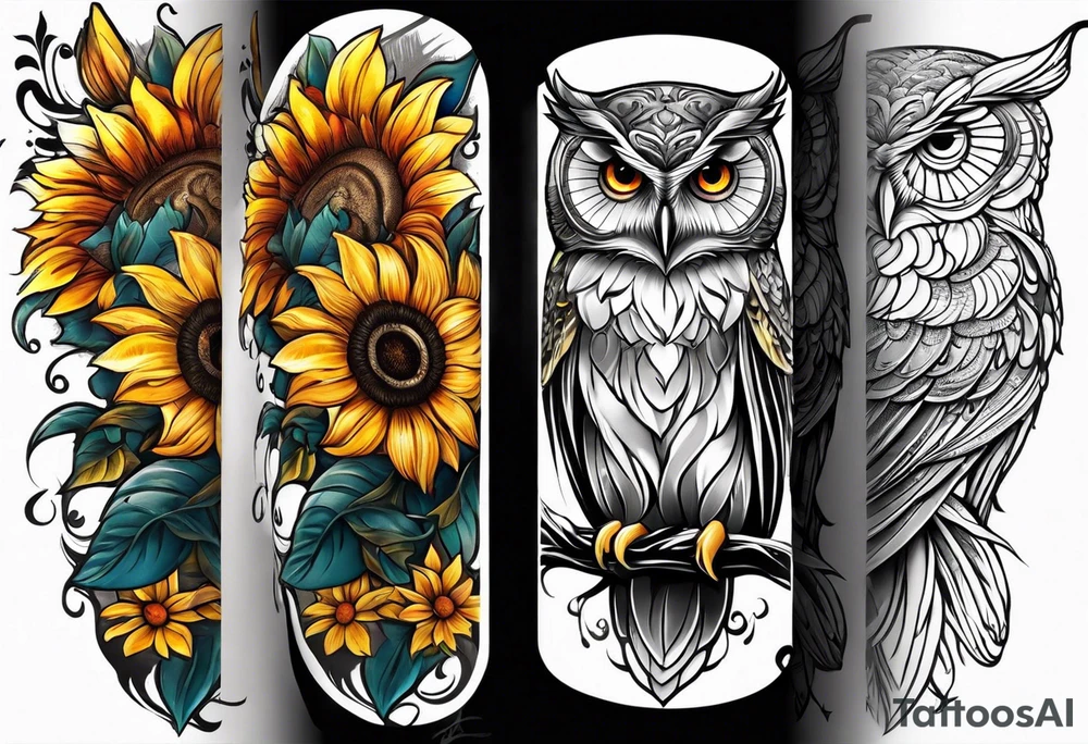 Arm sleeve with an owl and butterfly surrounded by 
sunflowers tattoo idea