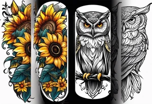 Arm sleeve with an owl and butterfly surrounded by 
sunflowers tattoo idea