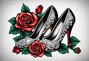 Pearl necklace wrapped around 1950s pinup pumps with roses surrounding tattoo idea