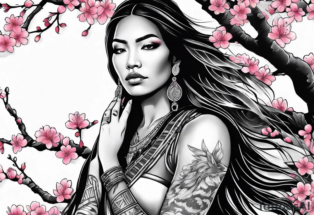 Native American woman wrapped by cherry blossom tree with praying hands tattoo idea