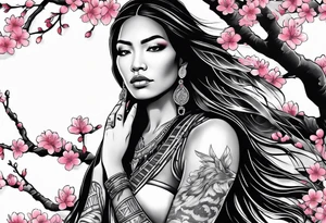 Native American woman wrapped by cherry blossom tree with praying hands tattoo idea