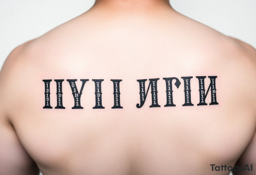 "Prison-style tattoo with text 'ПРАВИЛА НЕТ' in bold Cyrillic letters, but each letter is made of:  
- Binary code (0 and 1)  
- Micro-quotes from 'Generation P' (0.3mm font)  

Style: Faded jailhouse ink, uneven lines. Placement: Ribs. Black/blue ink only." tattoo idea