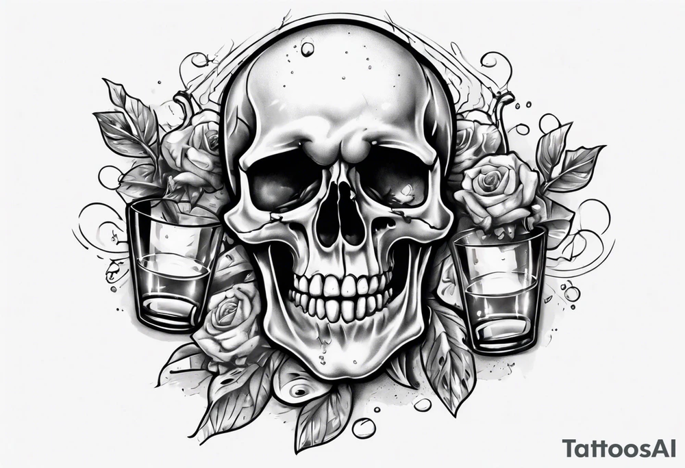 A smiling looking to the left scull inside the glass with alcohol and piece of lime tattoo idea