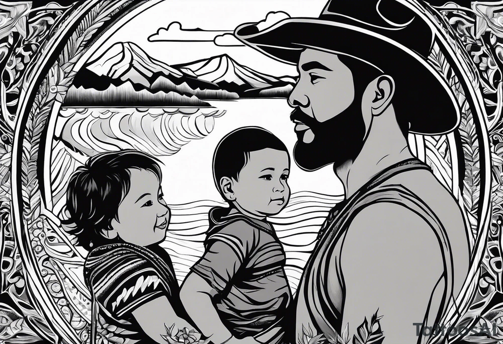 Mexican American inspired that incorporates being a father,  love for son and daughter, building generational wealth. Include elements of the Pacific Northwest Forrest on shoulder.
Add silhouette of Little boy and little girl tattoo idea