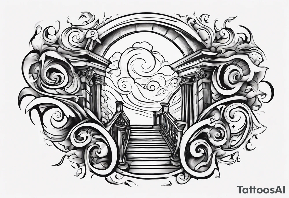 Horizontal inner bicep tattoo. “walk by faith, not by sight” stairwell wrapping around the quote. This design captures the essence of the journey guided by faith. tattoo idea