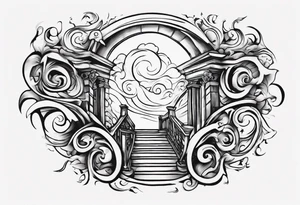 Horizontal inner bicep tattoo. “walk by faith, not by sight” stairwell wrapping around the quote. This design captures the essence of the journey guided by faith. tattoo idea