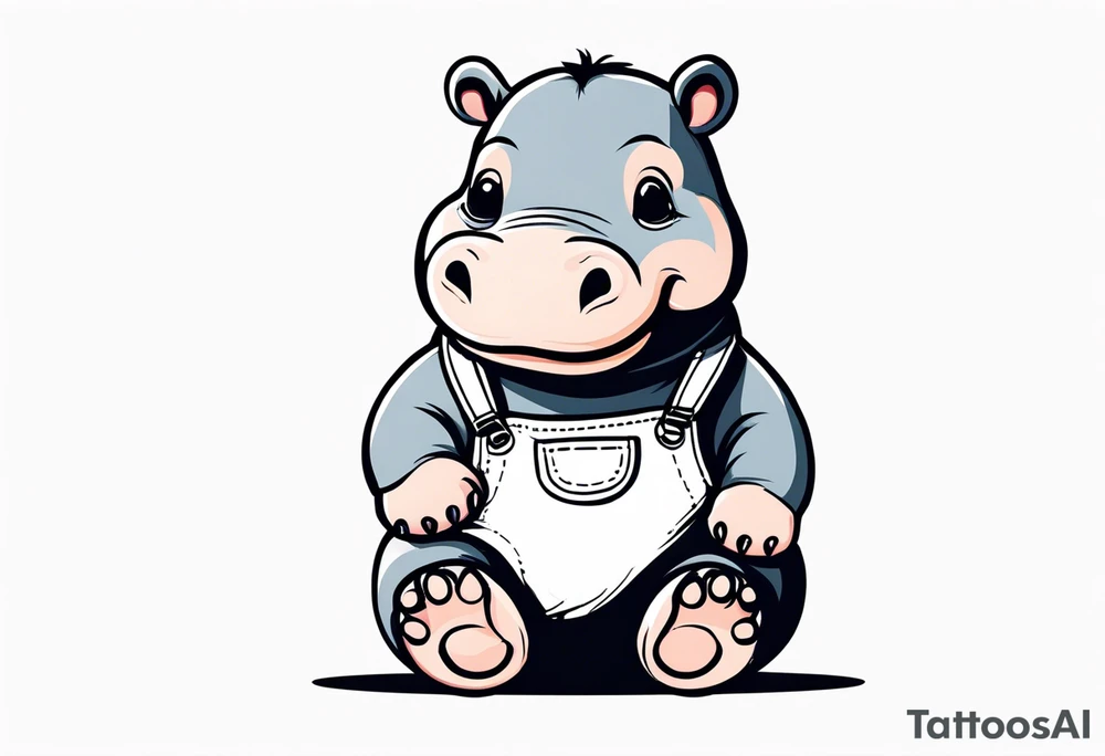 Baby hippo wearing a overalls and holding up his middle finger tattoo idea