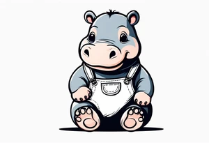 Baby hippo wearing a overalls and holding up his middle finger tattoo idea
