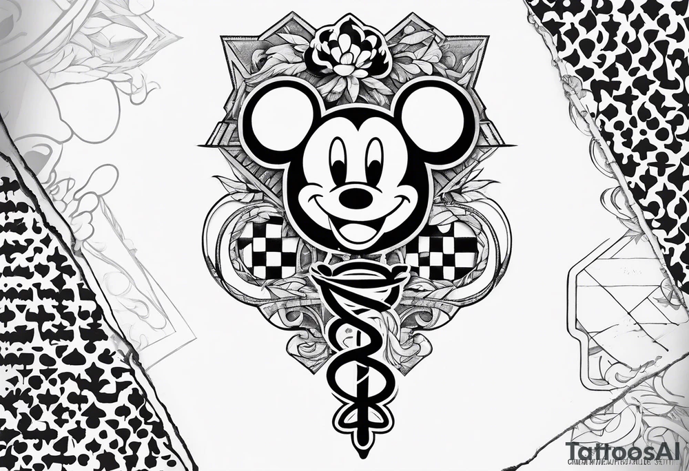 Tattoo full left arm with a collage of a medicine caduceus and a mickey mouse silhouette tattoo idea