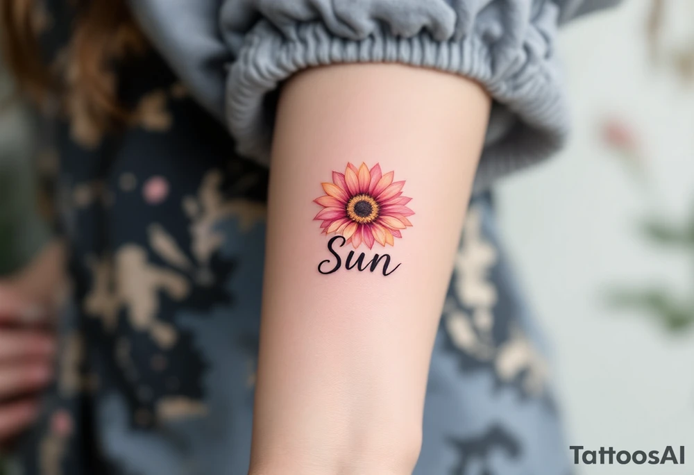 Word "Sun" written vertical with small sunflower in pink tattoo idea