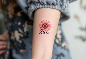 Word "Sun" written vertical with small sunflower in pink tattoo idea