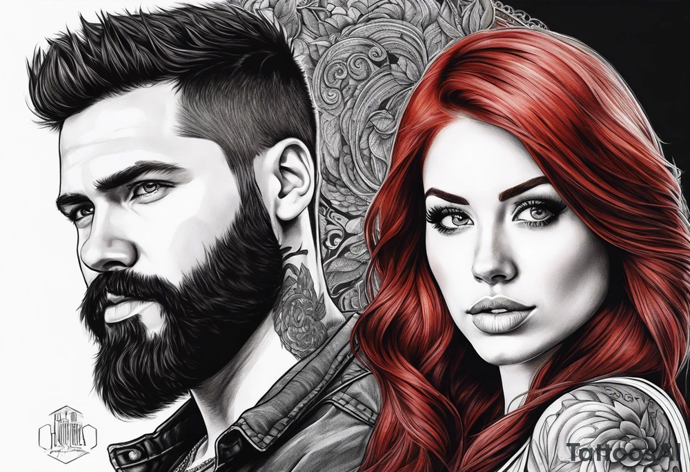 Busty red haired woman with a bearded man who has black hair tattoo idea
