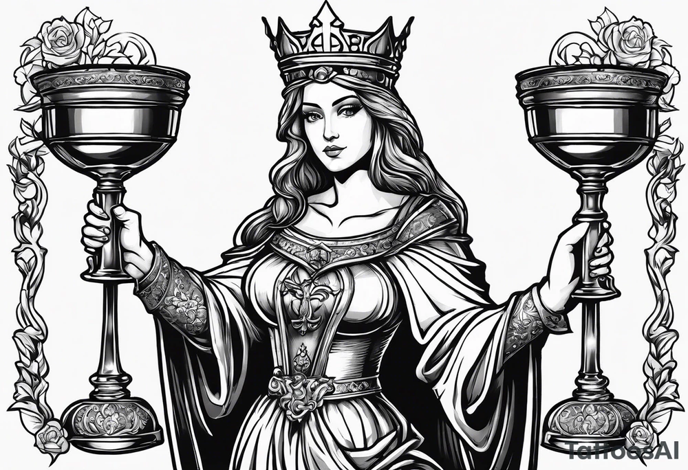 Saint Barbara holding a chalice with cannons behind her tattoo idea