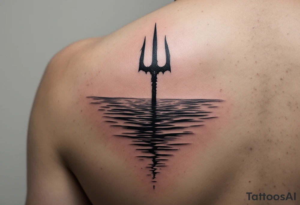 trident half way under calm water tattoo idea