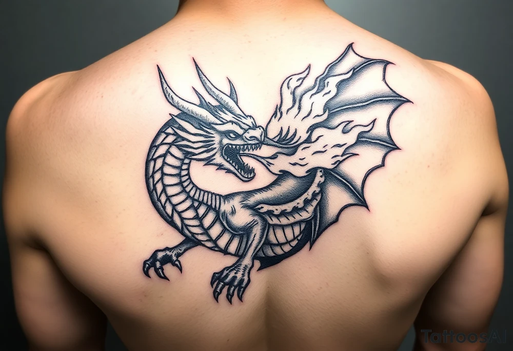 fierce dragon breathing iridescent fire against stormy skies tattoo idea