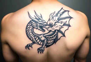 fierce dragon breathing iridescent fire against stormy skies tattoo idea