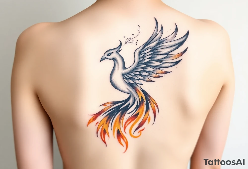 magnificent phoenix rising from golden flames with trailing embers tattoo idea